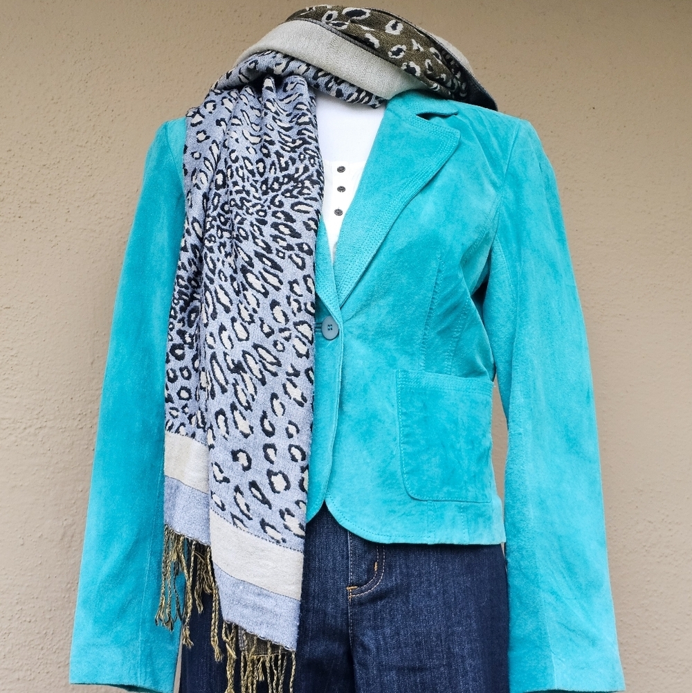 Cashmere & Silk Blend Panther Print Two Tone Green + Blue Tassled Scarf Wrap OS